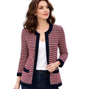 Talbots Tweed Knit Jacket Cardigan Women Red Navy White  MP
